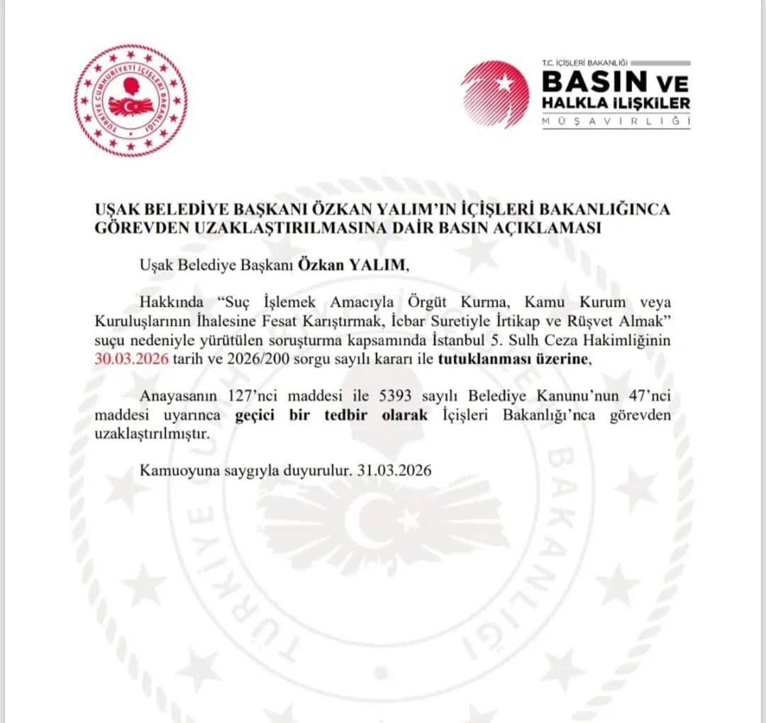 Uşak Belediye Başkanı Özkan Yalım Görevden Uzaklaştırıldı