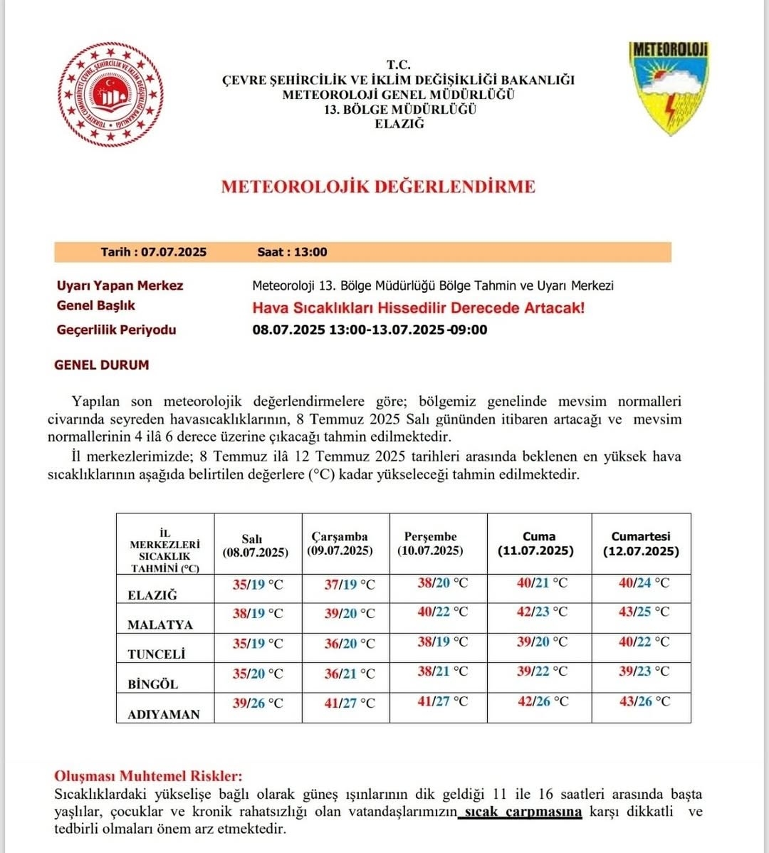 Güneydoğu’da kavurucu sıcaklık alarmı: Adıyaman ve çevresinde 43°C’ye varan hava sıcaklıkları bekleniyor