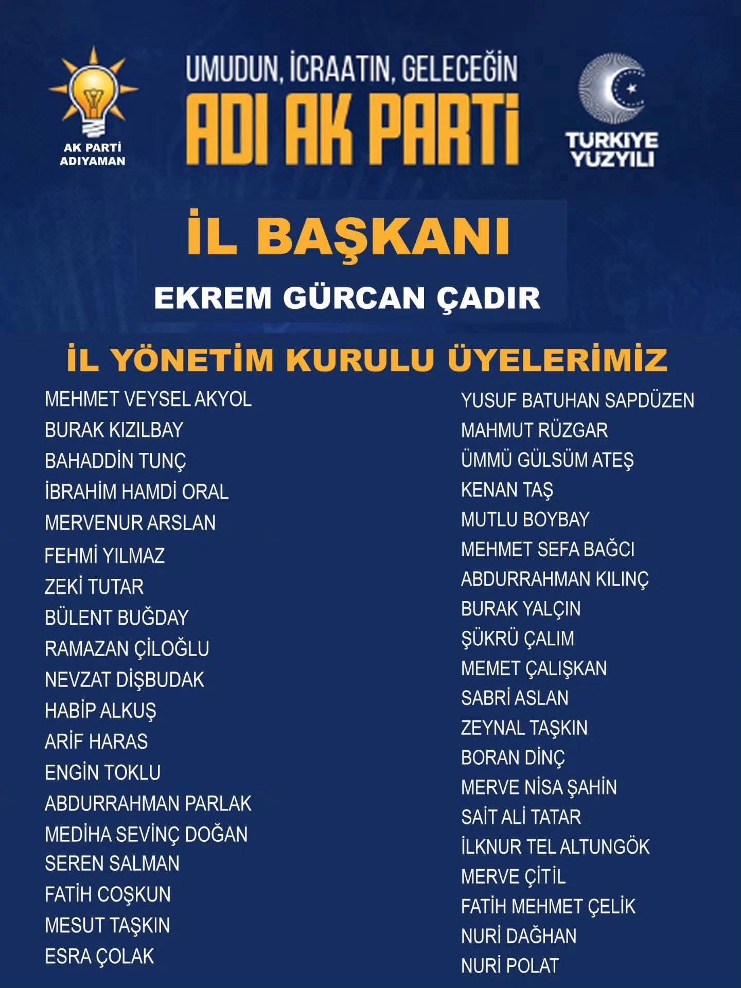 Adıyaman AK Parti’de Başkan ve Yönetim Listesi